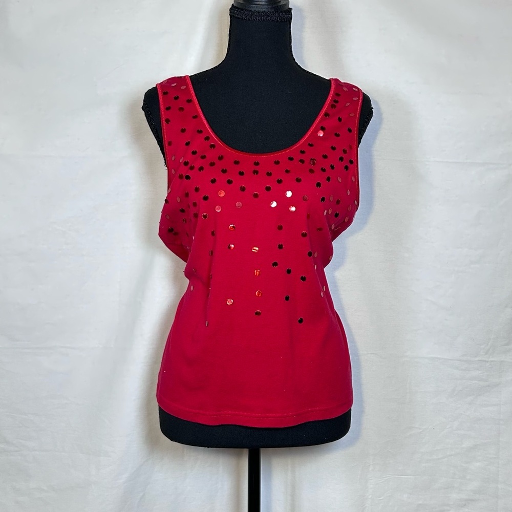 Vintage Revlon Red Sequin Tank Top Y2K Sleeveless Cotton XL